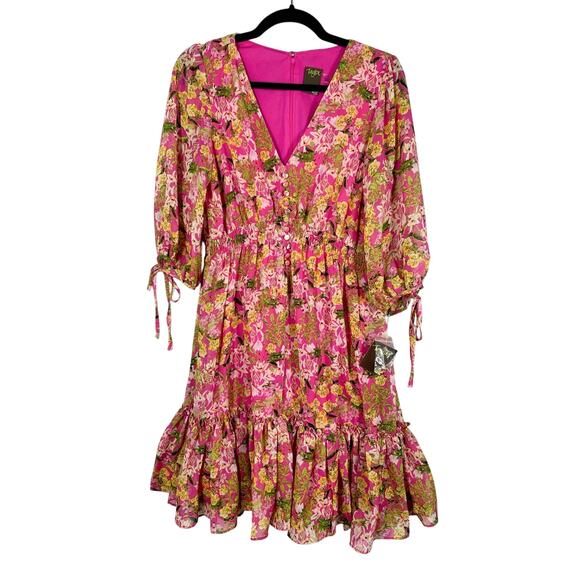 NWT, Taylor, Size 8, Pink Boho Floral Dress, Deep V, Sheer Sleeves, Ruffle - Picture 1 of 8